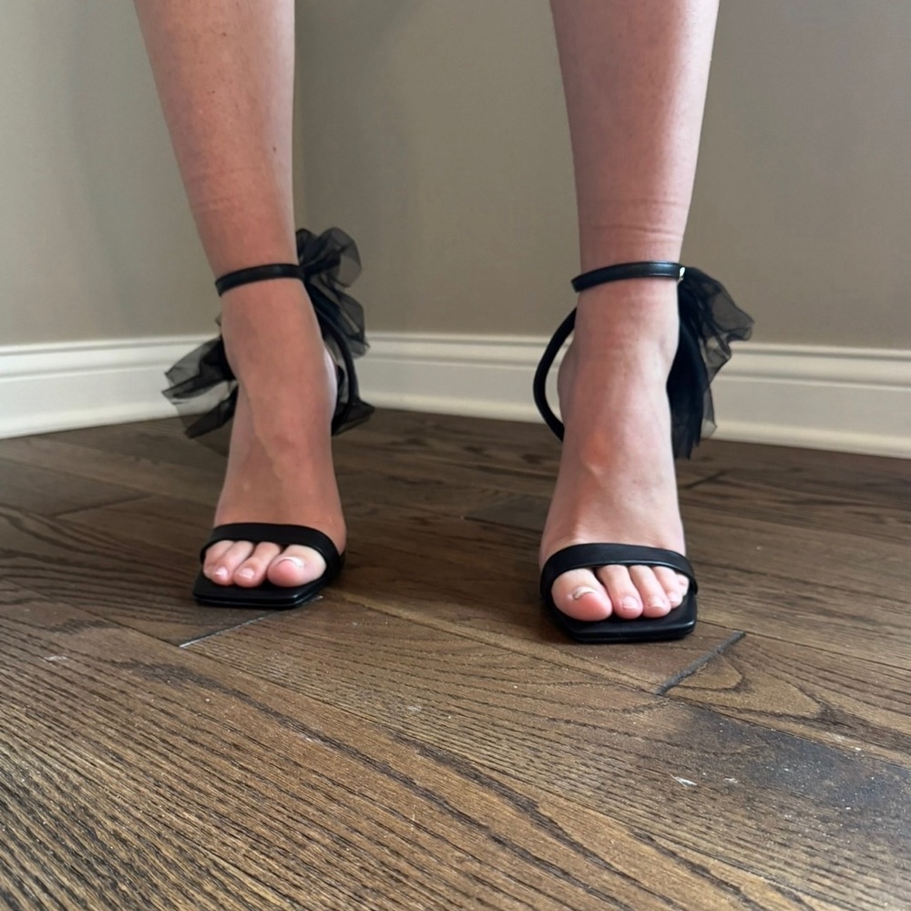 Chic Azalea Wang Thora Black Feather & Tulle Detail Ankle Strap Heels